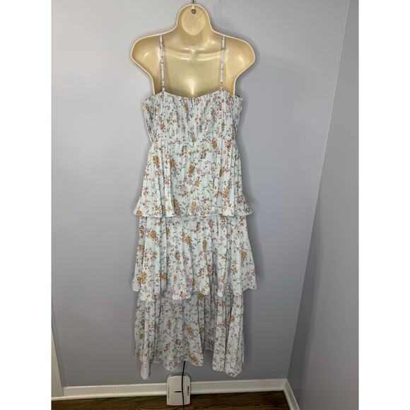 Lulus Cascading Crush Blue Floral Print Tiered Bustier Midi Dress Romantic Sz L - Picture 7 of 14